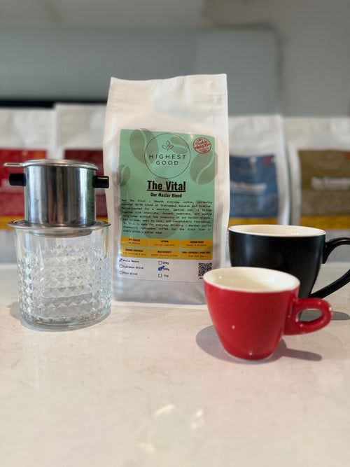 Highest Good The Vital master blend coffee bag with a phin filter and espresso cups