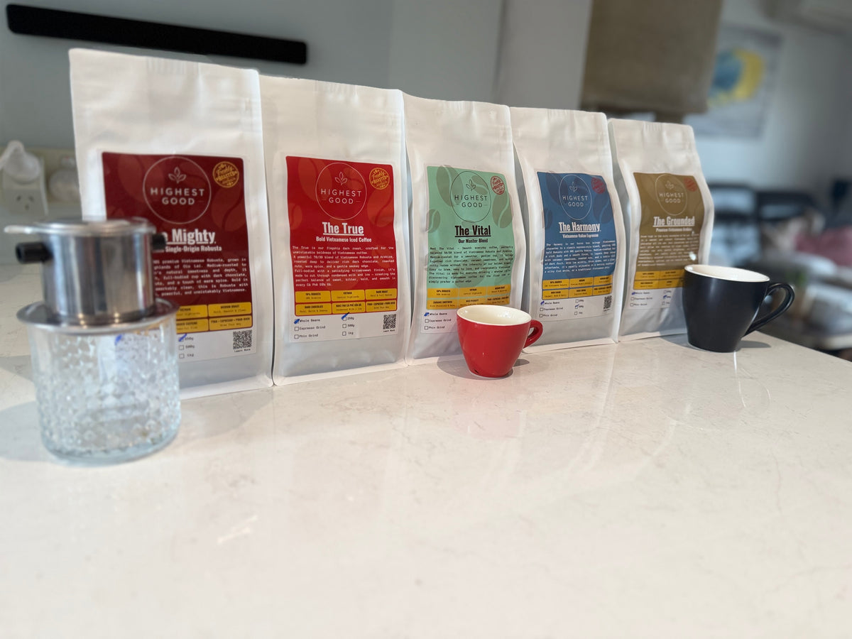 Highest Good The Mighty Robusta coffee bag at the front of the Highest Good range