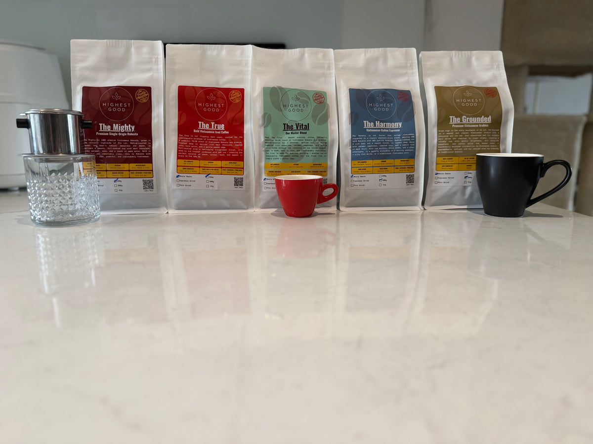 The full Highest Good coffee range lined up on a kitchen bench
