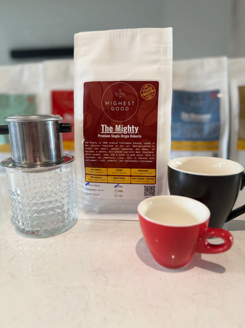 Highest Good The Mighty single-origin Robusta coffee bag with a phin filter and espresso cups