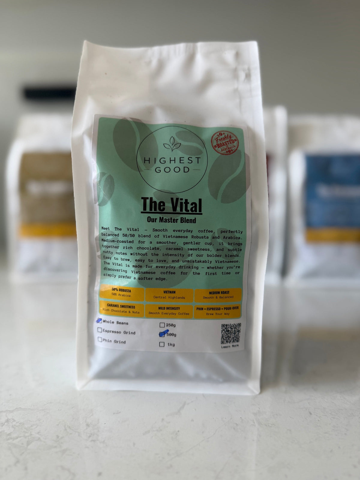 Highest Good The Vital master blend medium roast coffee pouch, product photo