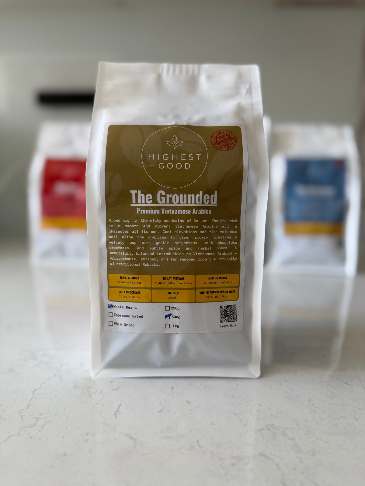 Highest Good The Grounded premium Vietnamese Arabica coffee pouch, product photo