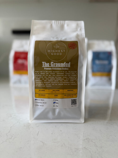 Highest Good The Grounded premium Vietnamese Arabica coffee pouch, product photo
