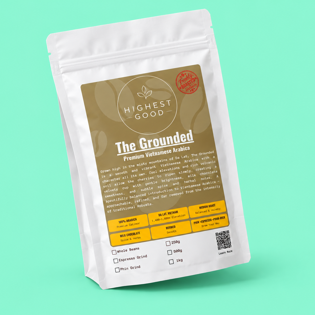 Highest Good The Grounded premium Vietnamese Arabica coffee beans, stand-up pouch