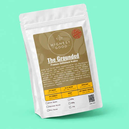 Highest Good The Grounded premium Vietnamese Arabica coffee beans, stand-up pouch