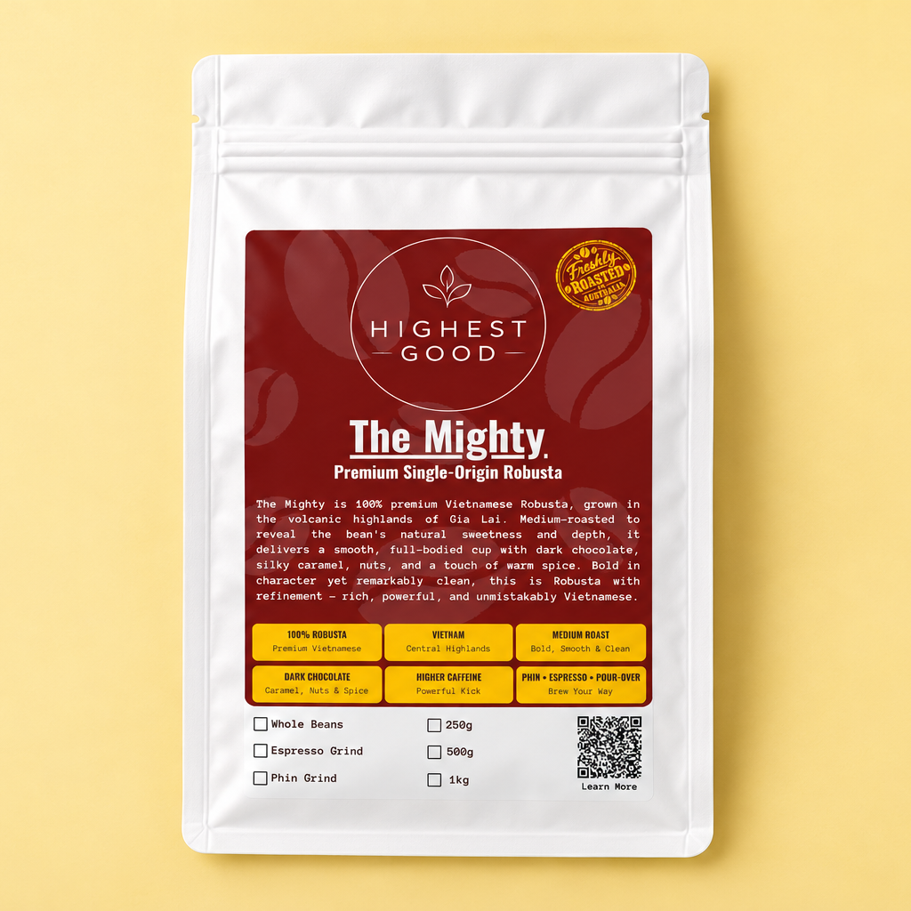 Highest Good The Mighty single-origin Gia Lai Robusta coffee, stand-up pouch