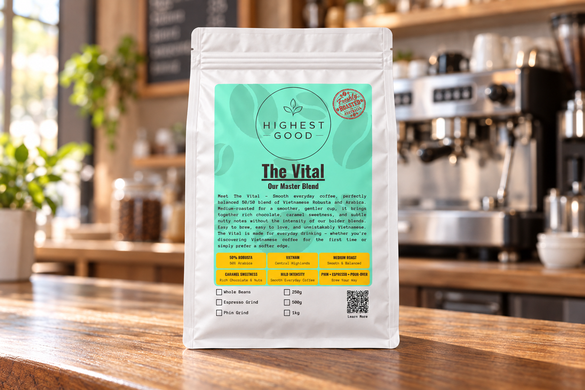 Highest Good The Vital master blend coffee pouch on a cafe counter