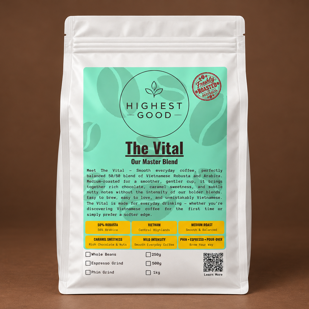 Highest Good The Vital master blend medium roast coffee, stand-up pouch