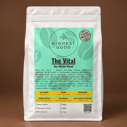 Highest Good The Vital master blend medium roast coffee, stand-up pouch